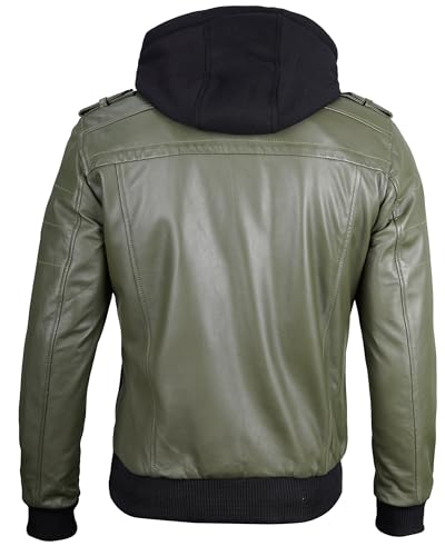 Image of Decrum Mens Leather Jacket - Detachable Hood Stylish Real Lambskin Leather Bomber Jacket Men
