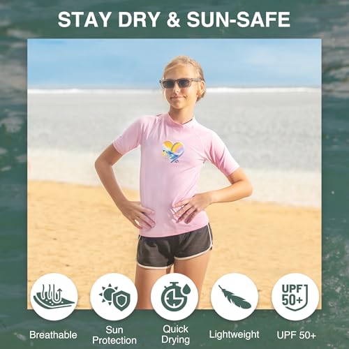 Image of Kanu Surf Girls' Jade Rash Guard UPF 50+ Sun Protection Short Sleeve Swim Shirt