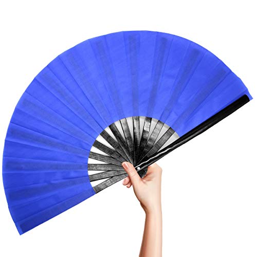 OMyTea Bamboo Large Rave Folding Hand Fan for Kitana Costume/Men/Women - Chinese Japanese Tai Chi Handheld Fan with Fabric Case - for Performance, Decorations, Dancing, Festival, Gift (Blue)
