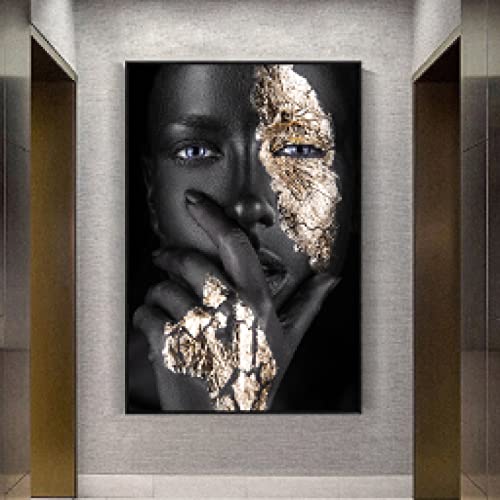 Art Africain Noir et Or : Peinture sur Toile 80x110cm Sans Cadre