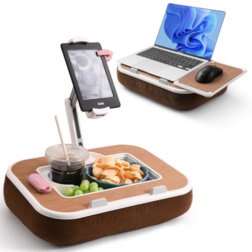 Kindle/Tablet Pillow Stand with Snack Bowl and Writing Board, 360° Rotating Phone Holder for 4.7-13" Phone Kindle Tablet, Lap Tablet Holder for Reading in Bed,Couch,Recliner,Floor Etc--Wood Grain