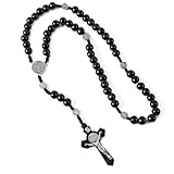 AEKZOX Collar de Rosario Católico con Cuentas de Madera y Colgante de Cruz Grabado con la Imagen de Jesucristo, Ideal para Sacramentos, Bautizos, Misas y Lecturas Bíblicas (negro)