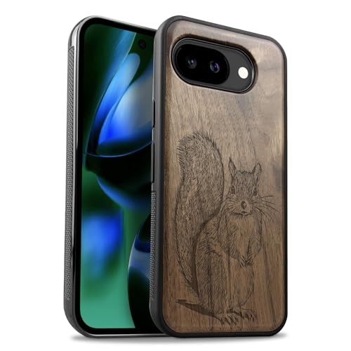 Carveit Drewniane etui do Pixel 10a, etui na telefon komórkowy, kompatybilne z MagSafe, silikonowe, odporne na uderzenia, magnetyczne etui do Google Pixel 10a (szkic wiewiórki orzechowej)