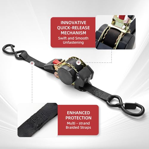 Heavy Duty Retractable Ratchet Tie-Down Straps 1800 lbs, 1in × 10ft Auto Retract Tie Downs with Zinc S-Hooks, Cargo Straps for Trucks, Trailers, Roof Racks & Moving, 2 Pack, Black — view 2