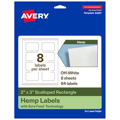 Avery Printable Rectangle Scalloped Hemp Labels with Sure Feed Technology, 2" x 3", Off-White, Print-to-The-Edge, Laser & Inkjet Compatible, 64 Total, Great for Product Branding, Packaging, and More
