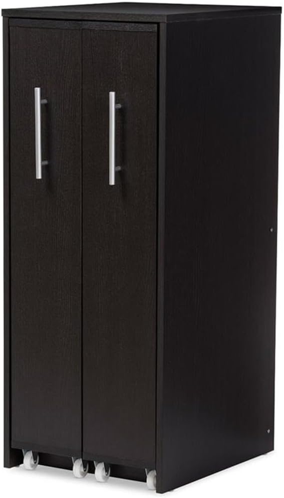 Dark Brown Wood Bookcase with Pull-Out Doors and Shelves
