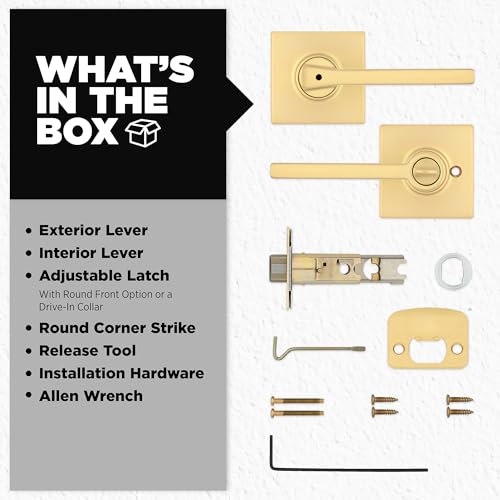Image of Kwikset Casey Interior Privacy Door Handle with Lock, Door Lever for Bathroom and Bedroom, Satin Brass Reversible Keyless Push Button Lock Door Lever