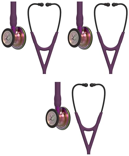 Image of 3M Littmann Cardiology IV Diagnostic Stethoscope, 6205, More Than 2X as Loud, Weighs Less, Stainless Steel Rainbow-Finish Chestpiece, 27 inch Plum Tube, Violet Stem, and Black Headset (Pack of 3)