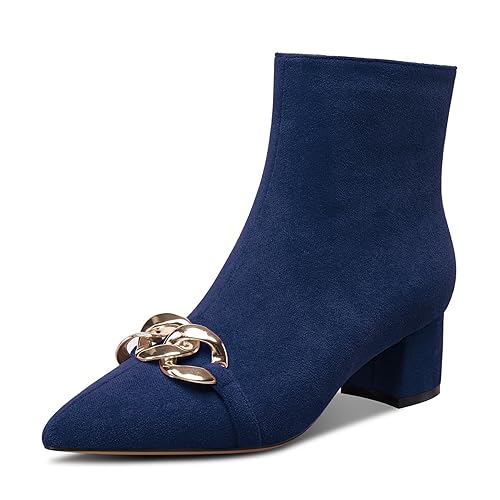 Castamere Mujer Chunky Ancho Medio Heel Puntiaguada Punta Botines Cremallera Cadena Metálica Baile Dress 5 CM Heels Azul Marino 35 EU