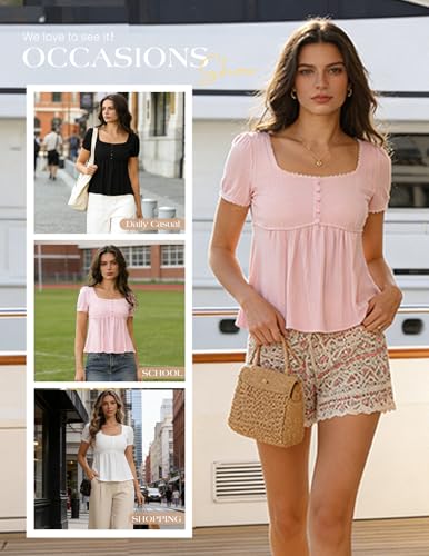 Image of Belle Poque Women's Summer Cute Tops Short Sleeve Babydoll Peplum Top 2026 Square Neck Casual Shirts Teen Top Tee