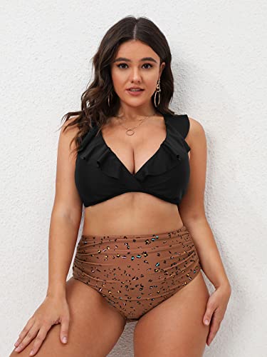 CUPSHE Women Swimsuit Plus Size Bikini Set High Waisted Ruffled Front Self Tie Back Ruched Bathing Suit3