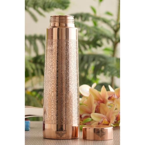 Image of INDIAN ART VILLA Copper Drinkware Pyramid Shape Embossed Design Copper Bottle, 800 ML, Printed Shine Brown