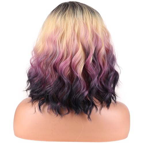 Image of BERON Blonde Purple and Black Wigs Short Curly Wavy Wigs for Girls Colorful Side Part Shoulder Length Heat Resistant Synthetic Wig Cosplay Costume Party Daily