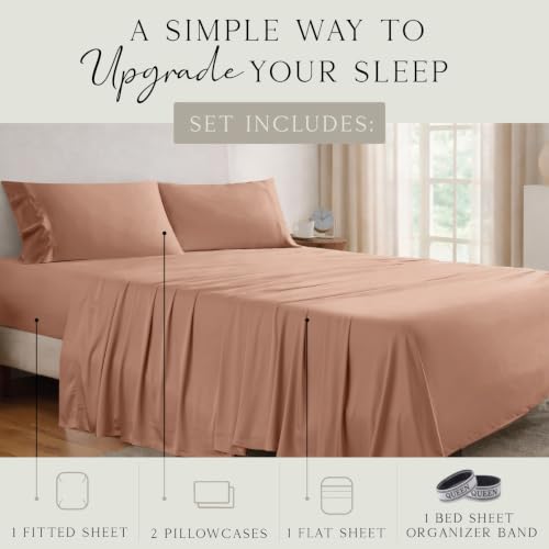 Image of KARISSA MAE Luxury Bamboo Viscose Queen Size Sheet Set | FSC Certified | Cooling | Ultra Soft | 18 inch Deep Pockets | Elastic Corner Straps | Includes Organizer Band [Terracotta]