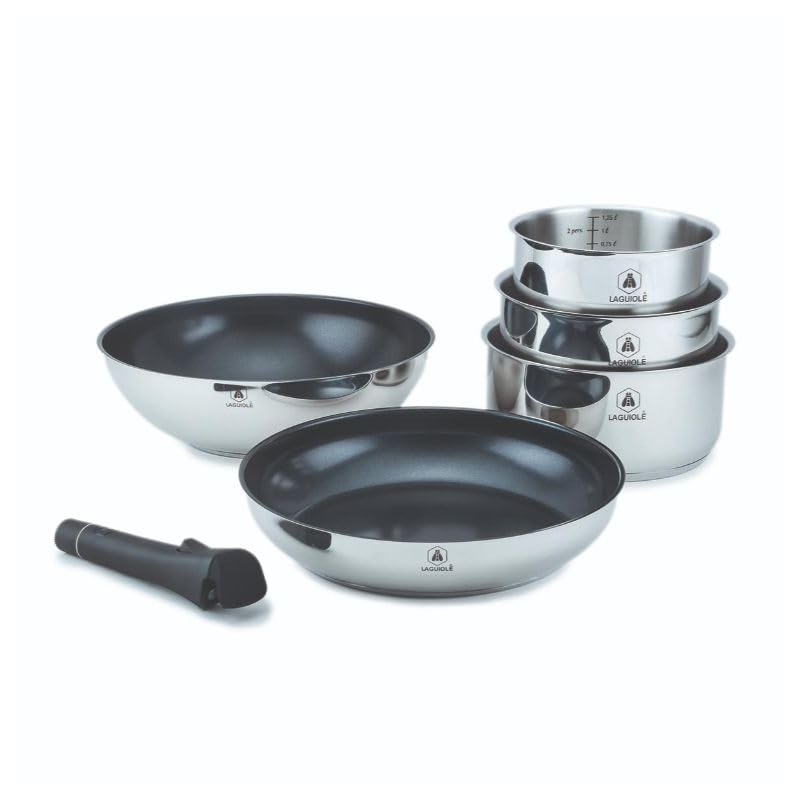 LAGUIOLE, Set de cuisine 6 pièces en acier inoxydable avec revêtement céramique antiadhésif, compatible tous feux, poignée amovible, dimensions variées, 16x7,5 cm,...