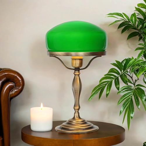 Licht-Erlebnisse Premium Tischleuchte Messing Glas in Bronze Grün Wohnzimmer Schlafzimmer 37,5 cm E27 elegant Jugendstil Pilz Tischlampe Büro