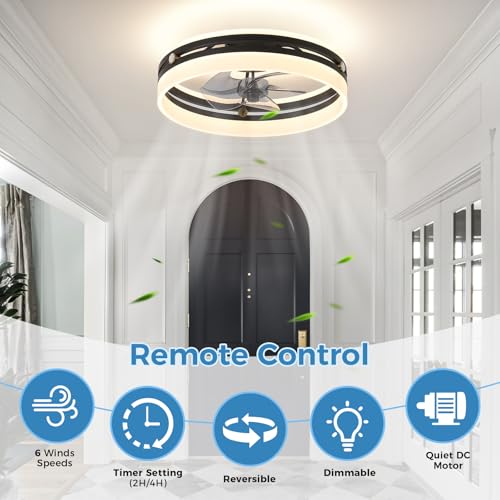 JUSHENG 20" Black Ceiling Fan with Lights and Remote, Low Profile Flush Mount Ceiling Fan with Light, Modern Frosted Acrylic Fandelier with Up and Down Lighting, 3CCT Dimmable Fan for Bedroom by JUSHENG - Used condition - Image 4