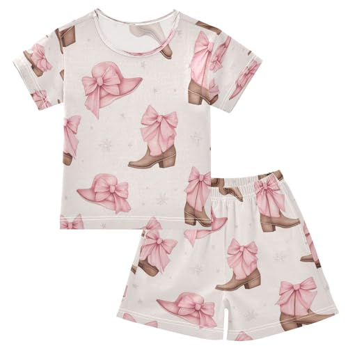 Pajama Sets Short Sleeve Pink Boots with Bows Soft Cotton Summer Sleepwear 2 Piece PJS Size 5-14T