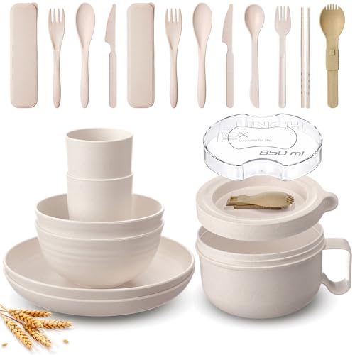 FoldTier 18 Pcs Wheat Straw Dinnerware Bowl Sets Wheat Straw Plates Sets for 2 Kitchen School Dishes College Dorm Room Cutlery Essential Set Microwave Safe for Apartment Essentials Outdoor Camping