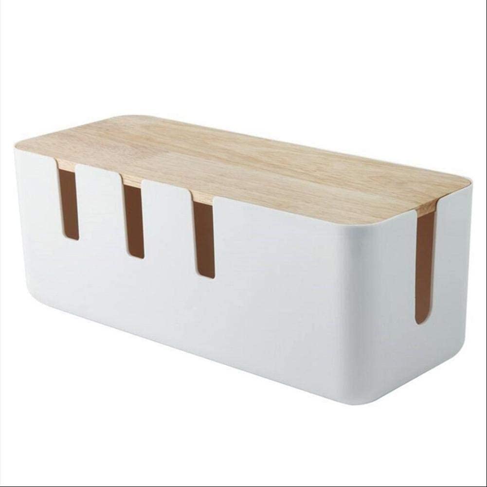 RedMapleTEK Cable Tidy Box Electrical Cable Management Box With Wooden Lid, Management And Organising Cable And Clear Desktop - White, Small 30 x12 x 11cm