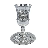 Ner Mitzvah Tall Kiddush Cup and Tray - Premium Quality Silver Plated Goblet With Stem - Shabbat and Havdalah Goblet - Judaica Shabbos and Holiday Gift