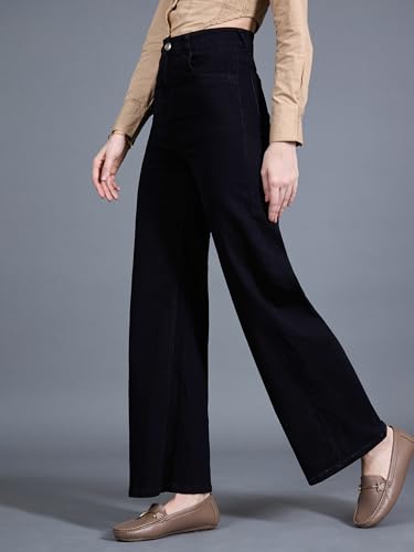 Image of Miss Chase Women's Wide Leg High Rise Clean Look Regular-Length Stretchable Denim Jeans (MCSS24DEN79-02-953-26, Oxide Black, 26)