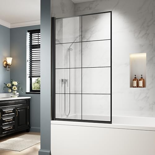 Xilewying 34"×58" Pivot Tub Shower Panel, Folding Bathtub Shower Door with Tempered Glass,Glass Shower Screen with Easy Cleaning, Shower Door for Bathtub in Matte Black