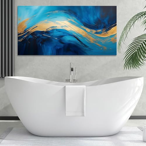 Tableau abstrait bleu et or luxueux grand format encadré