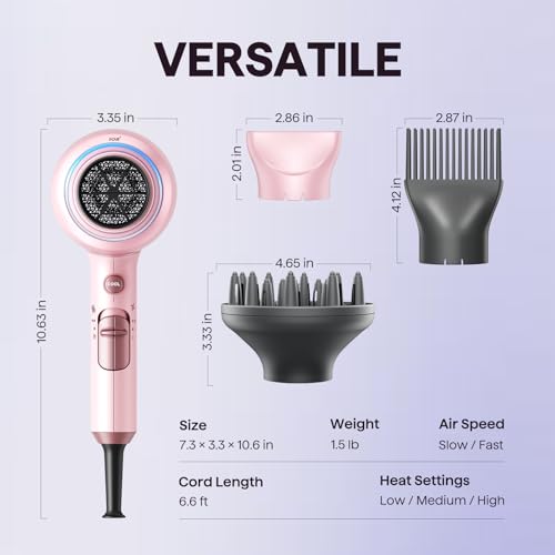 Wavytalk Blown Away Ionic Hair Dryer with Diffuser for Curly Hair | 1875W Fast Drying, 3 Attachments for All Hair Types, Ceramic Healthy Shine, Lightweight & Quiet (Pink) - image 6