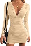 Material:polyester+spandex, super soft, stretchy,thick and very curvy, fits like a glove. Type: V-neck, high waist,long sleeve ,ruched,mini-length ,makes you fashion and sexy occasion: you can wear it to attend party cocktail ,wedding, also suitable ...