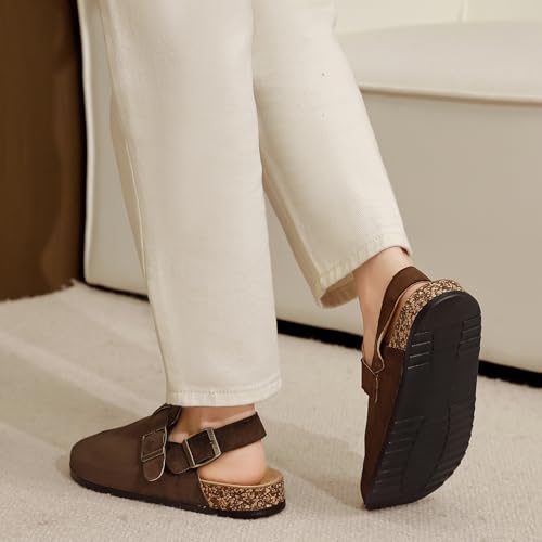 Image of Women's Suede Clogs with Back Strap Men's Cork Footbed Leather Mules Clogs for Women Comfort Memory Foam Slingback Clog Sandals with Adjustable Buckle Slip on Potato Shoes