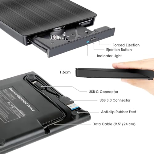 Image of External DVD Drive Player, USB 3.0 USB-C Portable CD /DVD + /-RW Disk Burner, ROM Reader Writer for Laptop Desktop PC