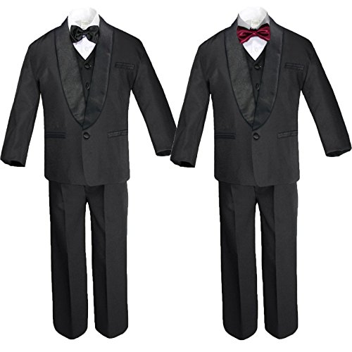 Unotux 6pc Boy Black Formal Satin Shawl Lapel Suits Tuxedo Extra Burgundy Bow Tie SM-18 (L:(12-18 Months))
