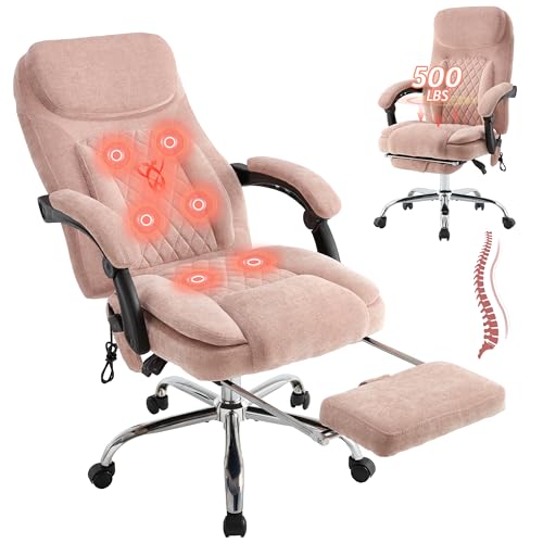 Image of 500LBS Massage Office Chair, 6 Points Vibration & Heat Executive Office Chairs, 135Reclining Comfy Desk Chair with Foot Rest, Wider & Thicker Seat Cushion, Fabric Big and Tall Gaming Chair, Pink