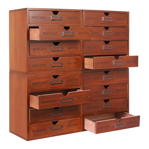 Vintage Drawer Wooden Drawers Organizer, 16-Drawer Desktop Organizer With Drawers, Iron Label Holders, Brown, For Store Cosmetics, Files, Books, Letters, Papers, Magazines