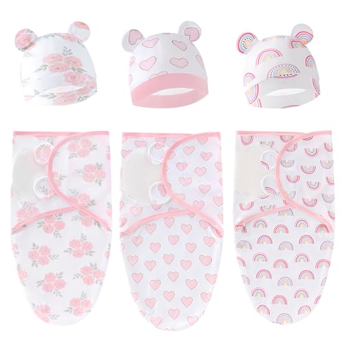 Image of Baby Swaddle Sleep Sack with Hat Set for 0-3 months 3-Pack Soft Cotton Newborn Wearable Swaddle Wrap for Girls Boys (Flower & Heart & Rainbow)
