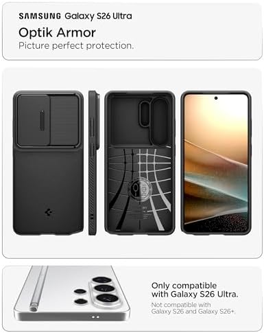 Spigen Case for Galaxy S26 Ultra Case, Full Camera Protection, Drop Protection, Optik Armor Designed for Samsung Galaxy S26 Ultra - Black - 1