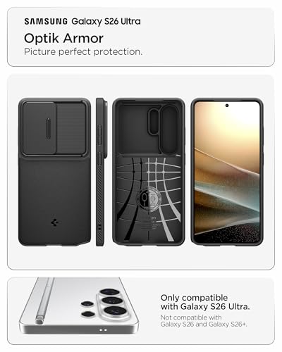 Image of Spigen Optik Armor | Samsung Galaxy S26 Ultra Case [Camera Protection] [Air Cushion Protection] Galaxy S26 Ultra Back Cover | TPU+PC - Black