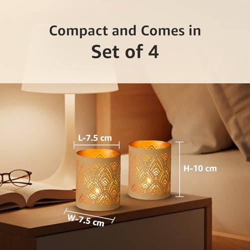Image of Amazon Brand - Solimo Tea Light Votive - Round Shape, Peach Finish with Gold Interior, Set of 4 (Size: L-7.5 cm x W-7.5 cm x H-10 cm)
