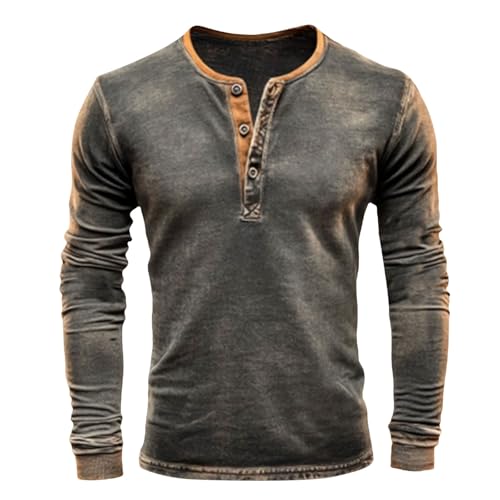 Polo à manches longues pour homme - Col Henry - Boutonné - Vintage - Couleur délavée - Vêtements de printemps - T-shirts décontractés tendance, Gry-a, XXL