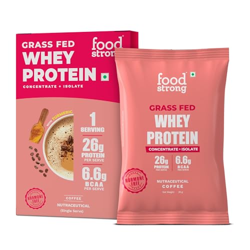 Image of Foodstrong Whey Protein Powder (Concentrate + Isolate), 100% Hormone Free Grass-Fed Whey, 26G Protein & 6.6G BCAA, Coffee, With Turmeric & Digestive Enzymes, 35G