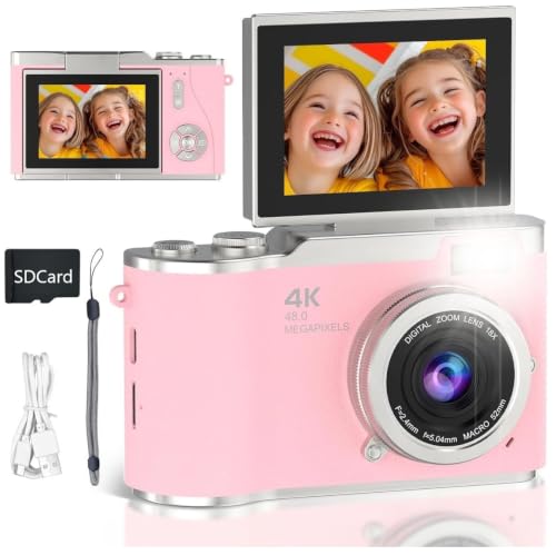 48MP Digital Camera for Kids & Adults -Real Photo & Video Mini Camera for Photography 2.4” Rotating Screen, Built in Games Kids Cameras for 5-15 Years (Pink)