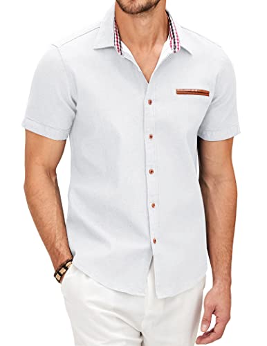 COOFANDY Camisa de Mezclilla de Manga Corta Camisa de Hombre Camisa de Mezclilla a Cuadros Slim fit Verano Camisa de Mezclilla de Manga Corta Casual de Negocios para Hombres Blanco S