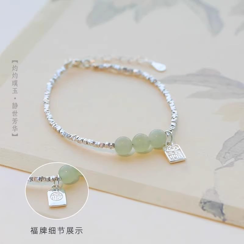 LRESJJIUJ Hotan Jade Beads Bracelet Pure Silver Hetian Jade Fu Pendant Beaded Bracelet - Stylish and Elegant Lucky Jewelry Green Jade Good Fortune Fu Symbol Dainty4