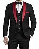 MrSure Mens 3 Piece Tuxedo Set with Bow Tie, Slim Fit One Button Shawl Lapel Blazer Vest Pants, for Formal Prom Party Wedding, Red Black