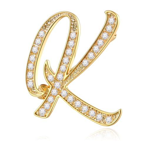 Image of Cicy Bell A-Z Initial 26 Letter Brooch Pins 18k Gold Plated Cubic Zirconia Breastpin Name Personalized Gifts for Women Men