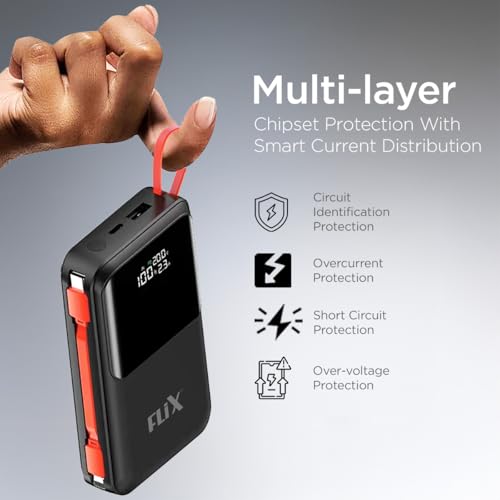Image of FLiX UltraCharge XPB-P45 20,000mAh 45W QC Power Delivery PPS Power Bank, in-Built Type C & Lightning Fast Charging Cables, LED for Charging Percentage with Amp and Volt Display (Black)