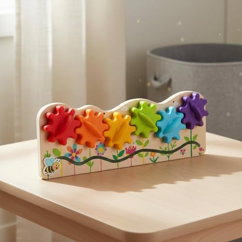 Amagogo Children Learning Gear Wooden Busy Board Activity Toy with Gear Matching Tasks Problem Solving Early Exploration Screen Play Suitable for Preschool Home Travel, Bee Garden Scene - Image 3