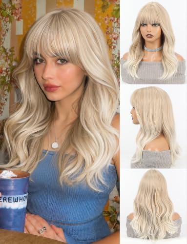 Synthetic Wig 18" Wavy Full Bangs Wig for Women Light Blonde