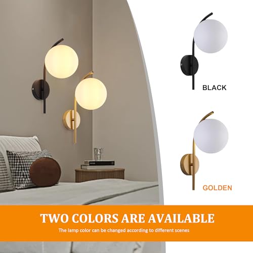 Image of Wall Sconces Plug in, Hanging Wall Lamp with Plug in Cord, Metal Wall Lamp White Glass Globe Indoor Wall Decor Light for Bedroom, Farmhouse, Hallway, Living Room, Kitchen, Black